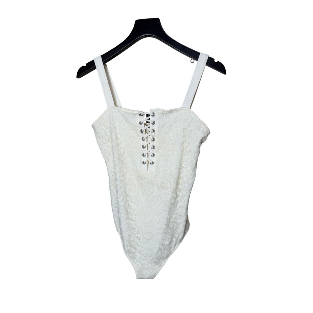 Express One Eleven Womens Cream Floral Lace Up Front Bodysuit Medium